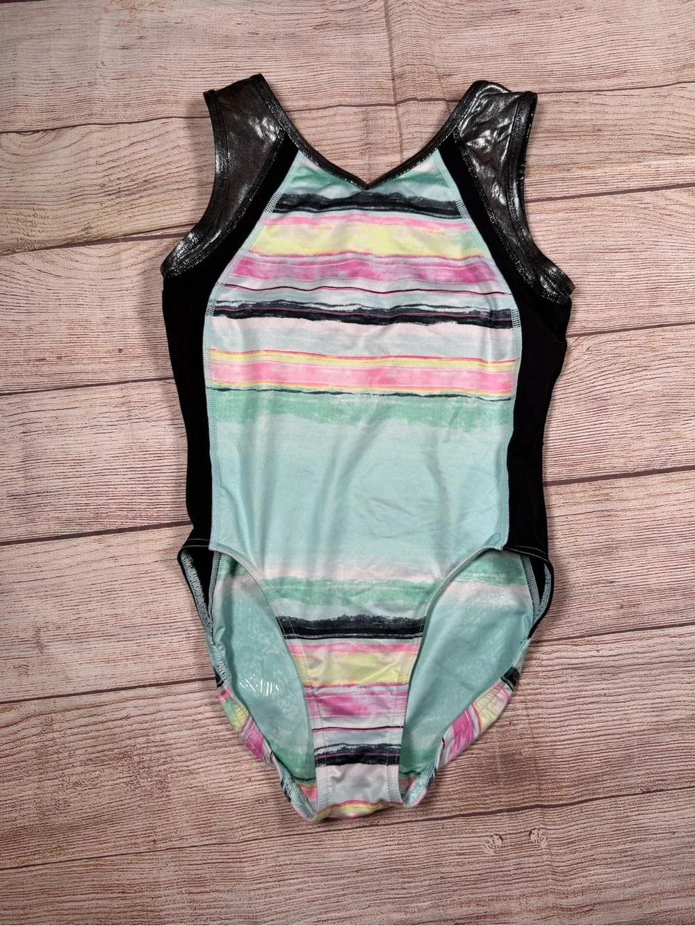 Ivivva Mint Teal Striped Dance Leotard with Black Shiny Accents